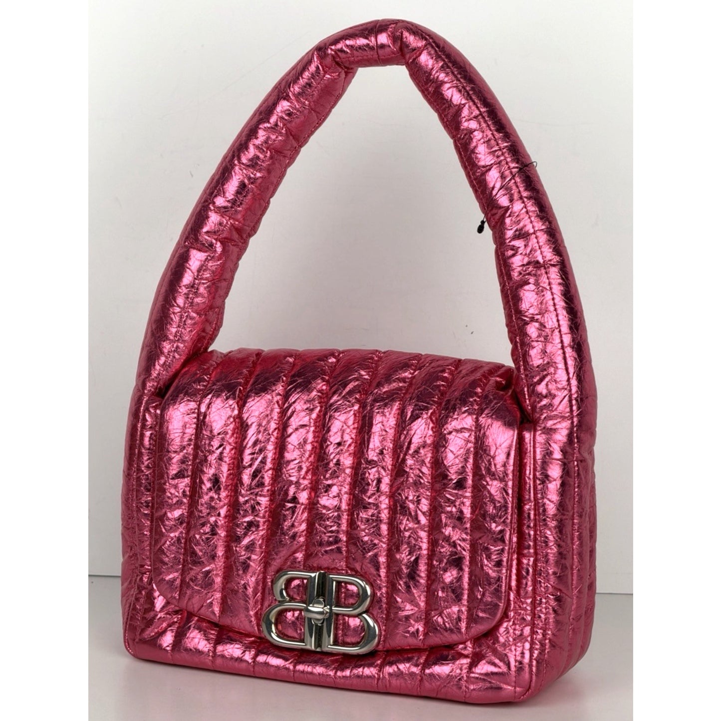Balenciaga Monaco Small Sling Bag in Metallized Quilted Pink Calfskin E6