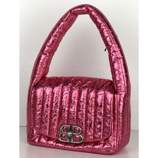 Balenciaga Monaco Small Sling Bag in Metallized Quilted Pink Calfskin E6