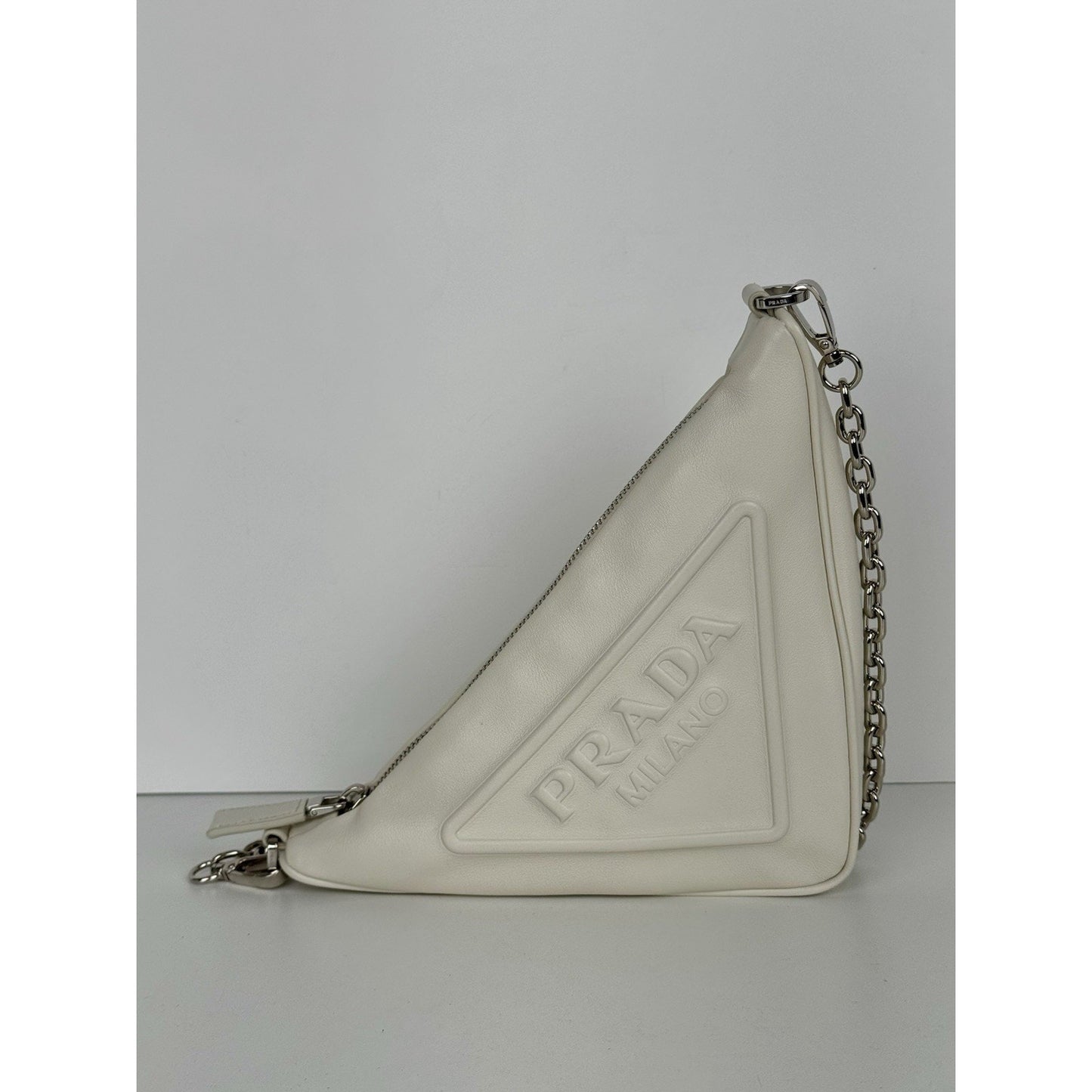 Prada Triangle Logo Shoulder Bag Ivory Leather Silver Hardware