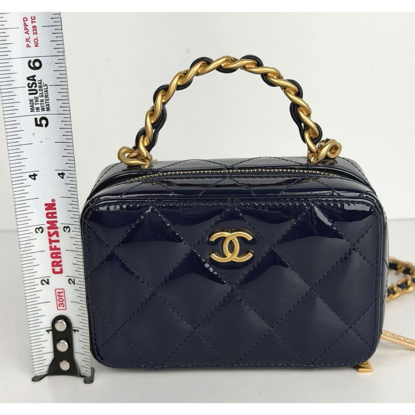 Chanel Woven Chain Top Handle Vanity Case Mini in Quilted Patent Leather NFC U3