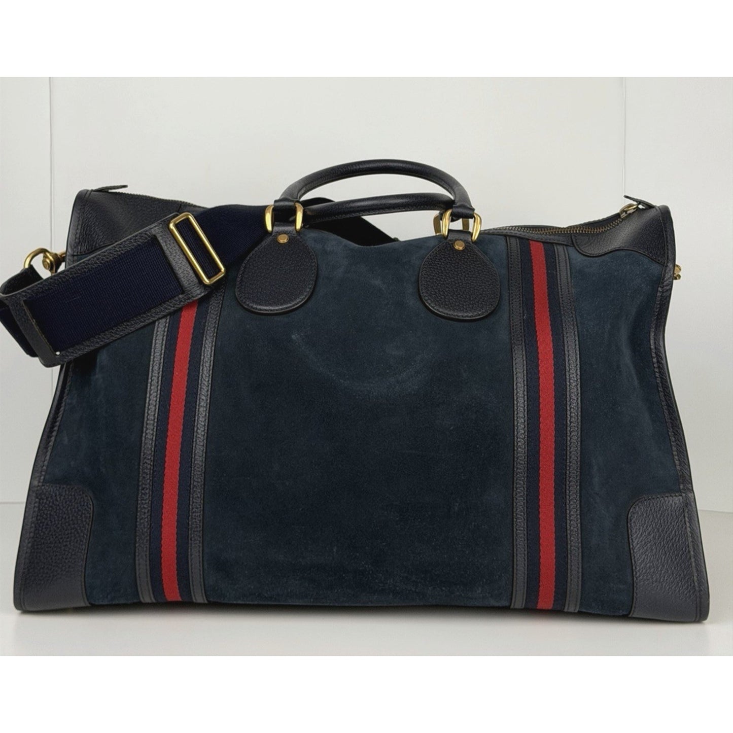 Gucci Neo Vintage Duffle Bag Medium in Dark Blue Suede With Leather Trim