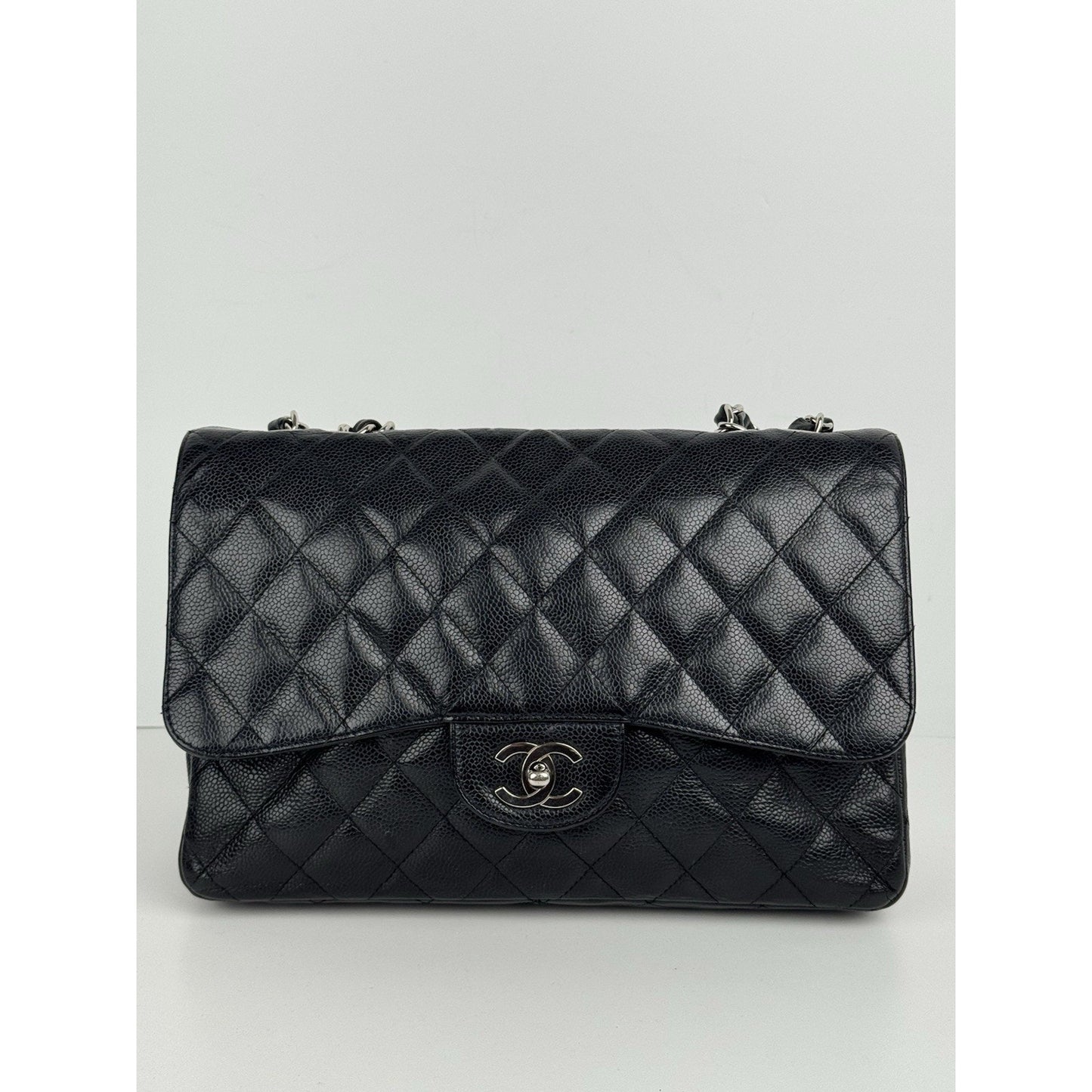 Chanel Jumbo Classic Single Flap Bag in Black Caviar Leather w Silver Hardware