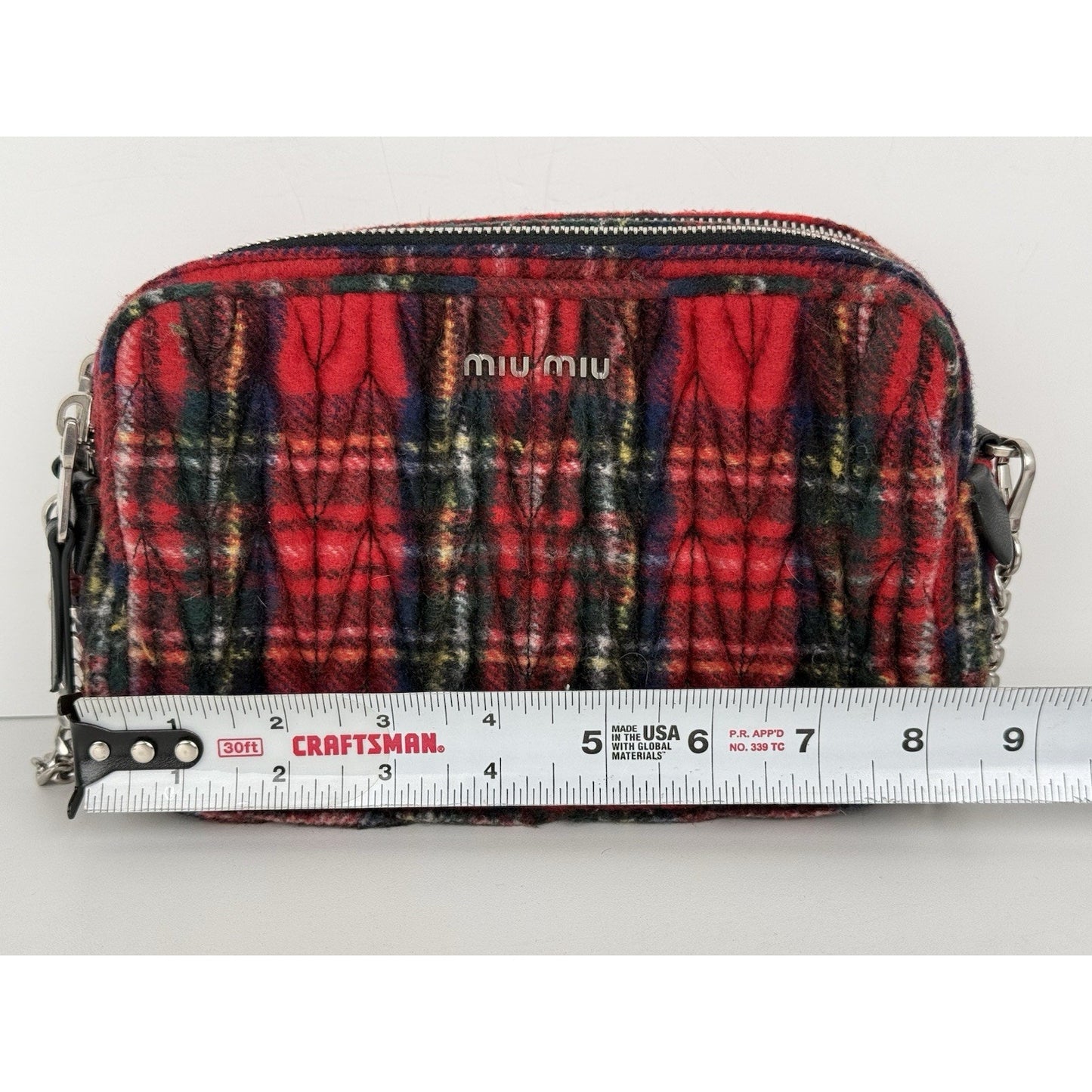 Miu Miu Tartan Matelassé Double Zip Chain Bag Red