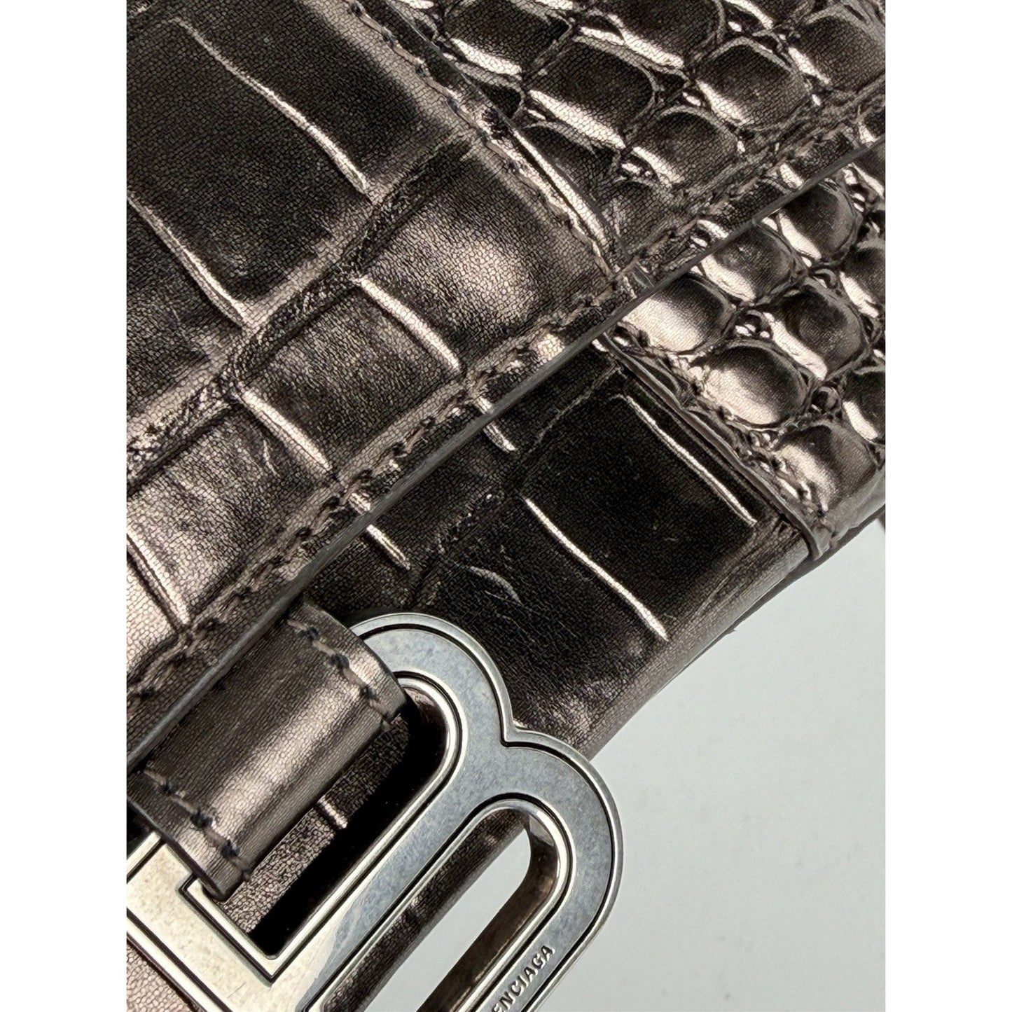 Balenciaga Hourglass XS Bag in Metallic Dark Gray Croc-Effect Leather S03