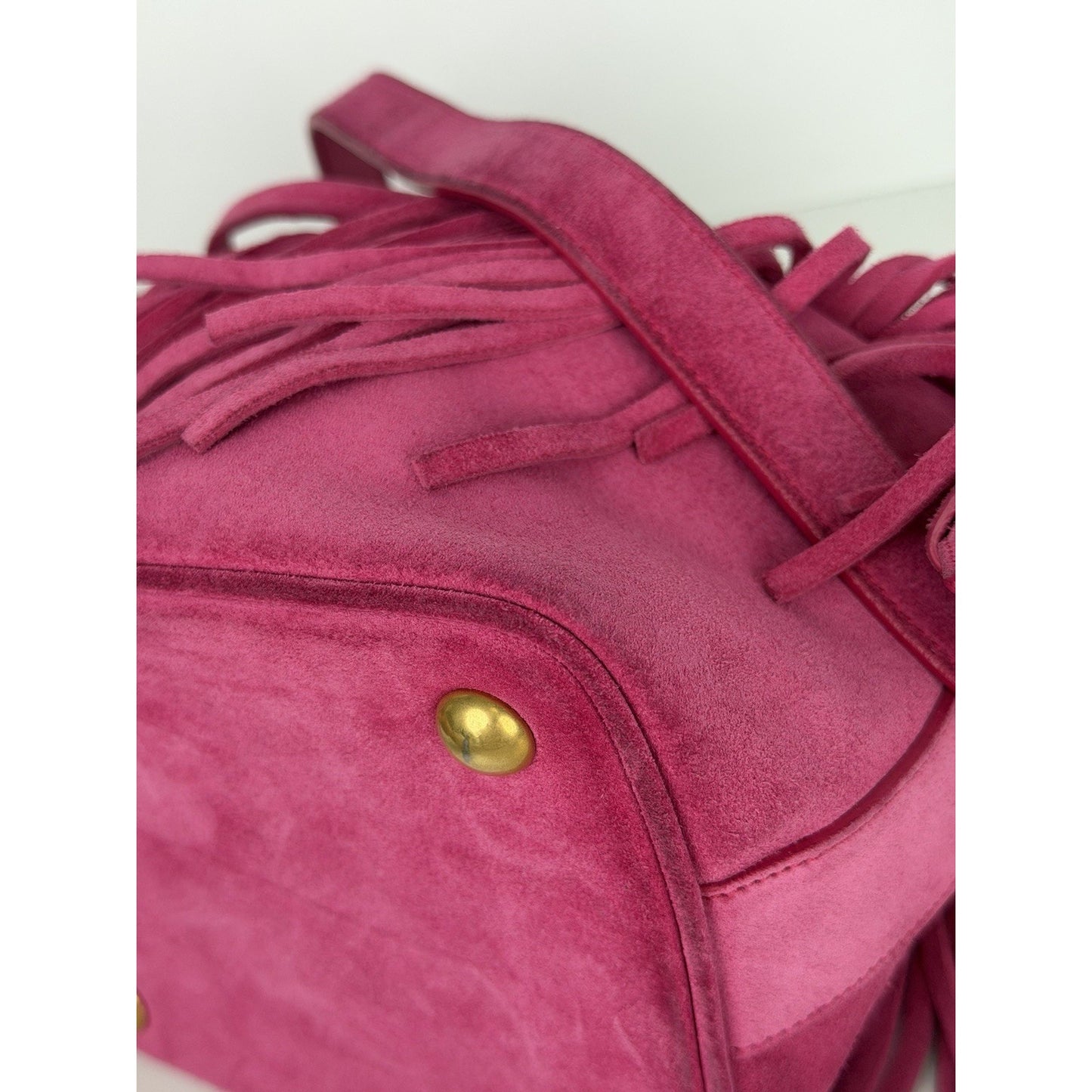 Saint Laurent Emmanuelle Fringe Bucket Bag in Pink Suede F2