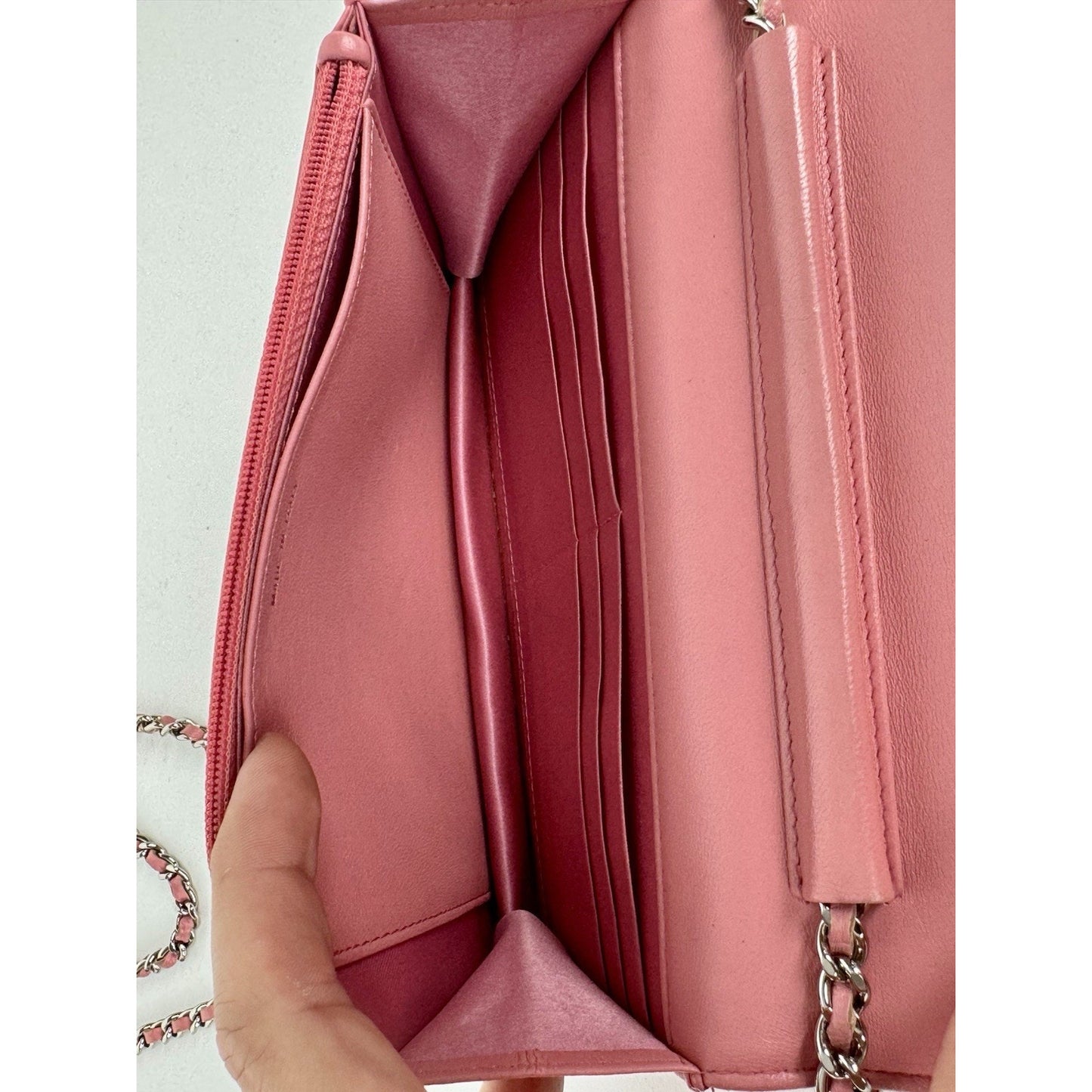 Chanel Camellia Wallet on Chain Pink Embossed Lambskin Silver Hardware B-9