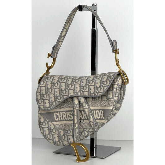 Christian Dior Oblique Embroidered Saddle Bag in Gray Canvas 2021 C2