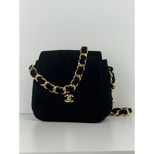 CHANEL Vintage Round Flap Quilted Suede Chain Strap Shoulder Bag