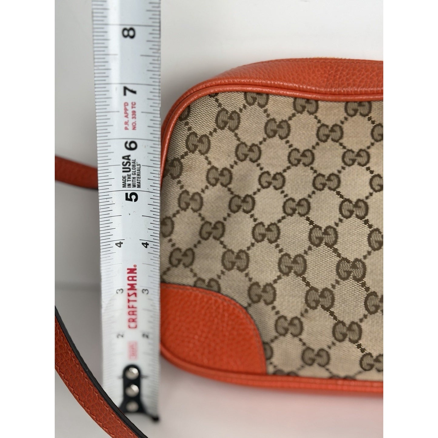 Gucci Bree Camera Bag Beige&Ebony GG Monogram Canvas & Orange leather Trim S11