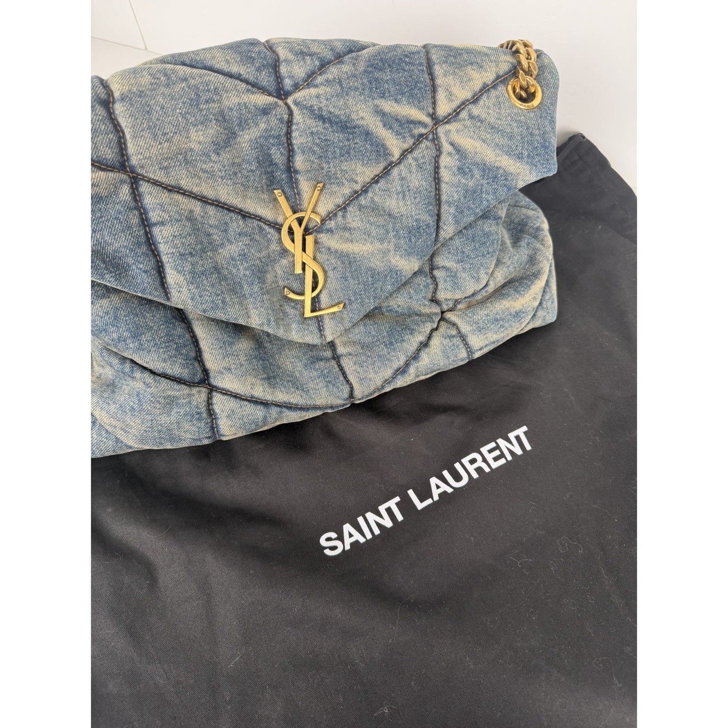 Saint Laurent Loulou Puffer Shoulder Bag Medium in Quilted Blue Denim C-9