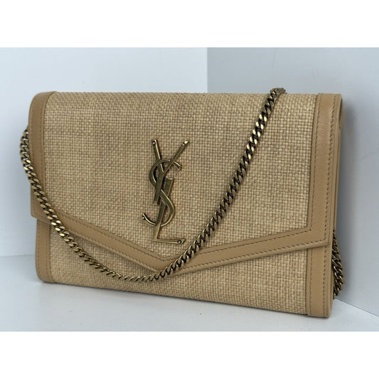 Saint Laurent Micro Raffia Monogram Uptown Chain Wallet – Natural Hay Blush
