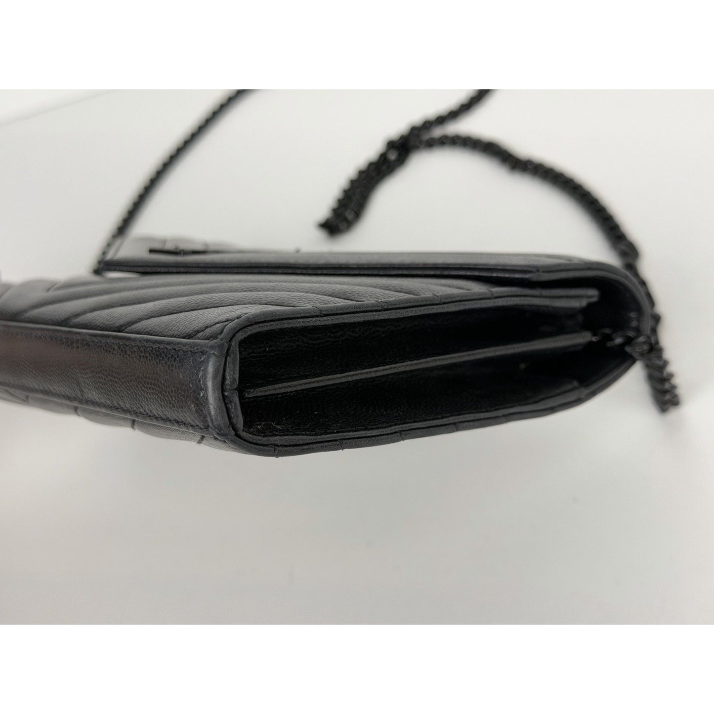 Saint Laurent Monogram Chain Wallet Medium in Black Matelasse Grained LeatherS12