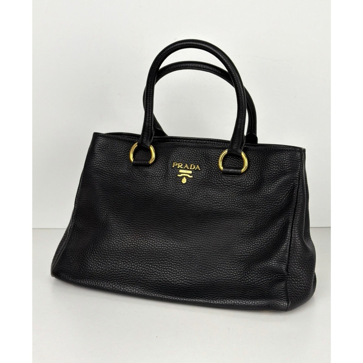 Prada Vitello Daino Medium Top Handle Bag in Black Leather Gold-Tone Hardware E6