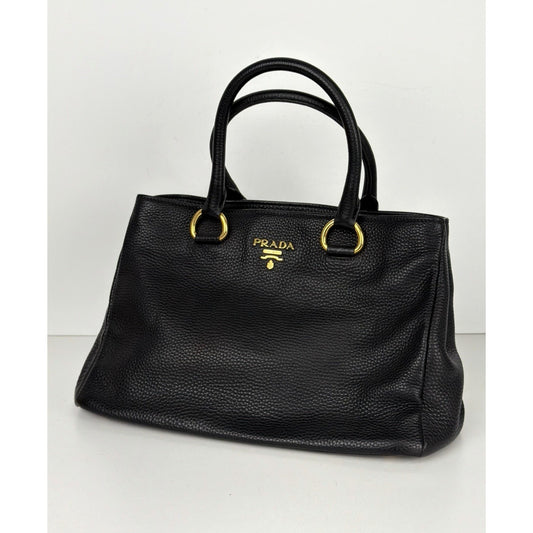 Prada Vitello Daino Medium Top Handle Bag in Black Leather Gold-Tone Hardware E6