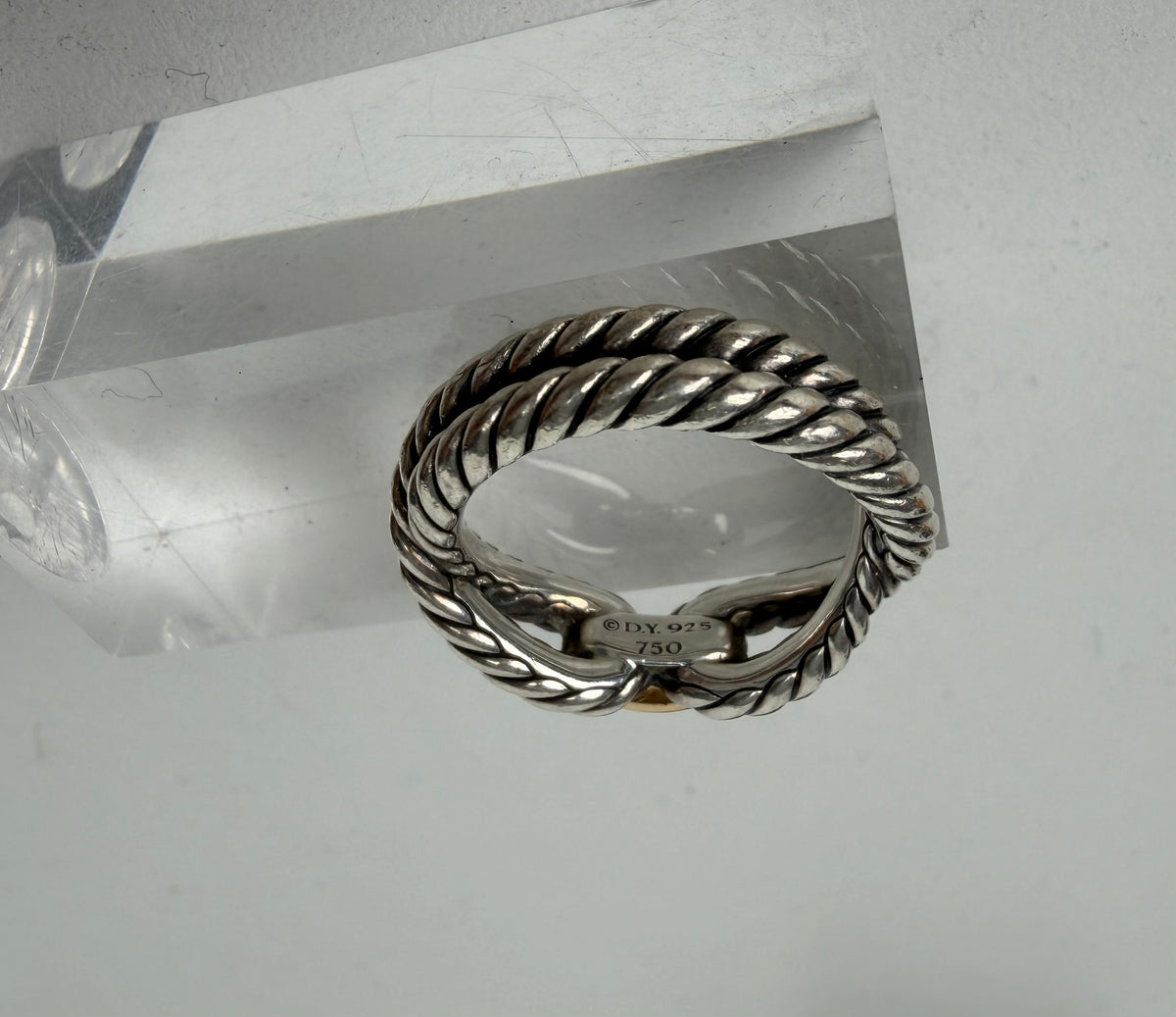 David Yurman Cable Loop Band Ring 5.5 Size Twisted Sterling Silver Bands with 18K Yellow Gold Loop