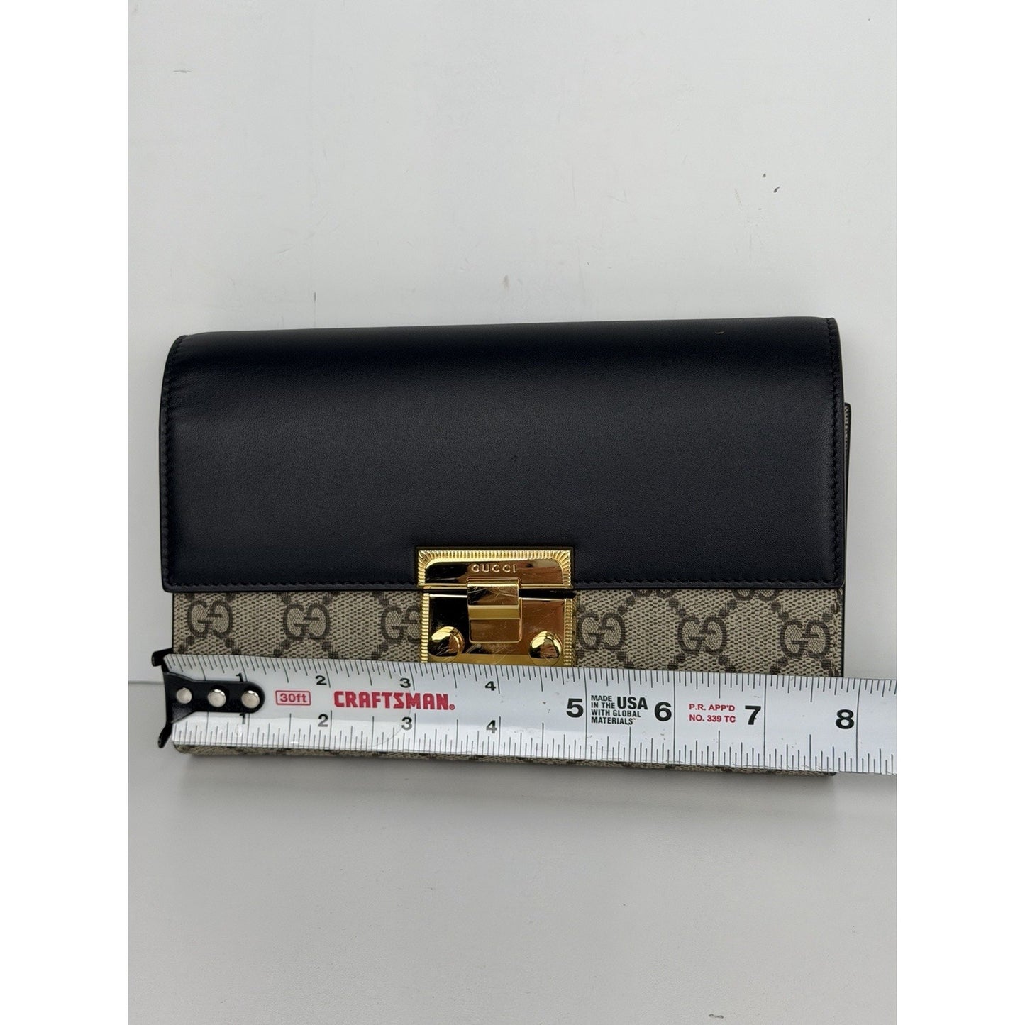 Gucci GG Padlock Mini Shoulder Bag Black Leather Top Flag & Canvas Body S15
