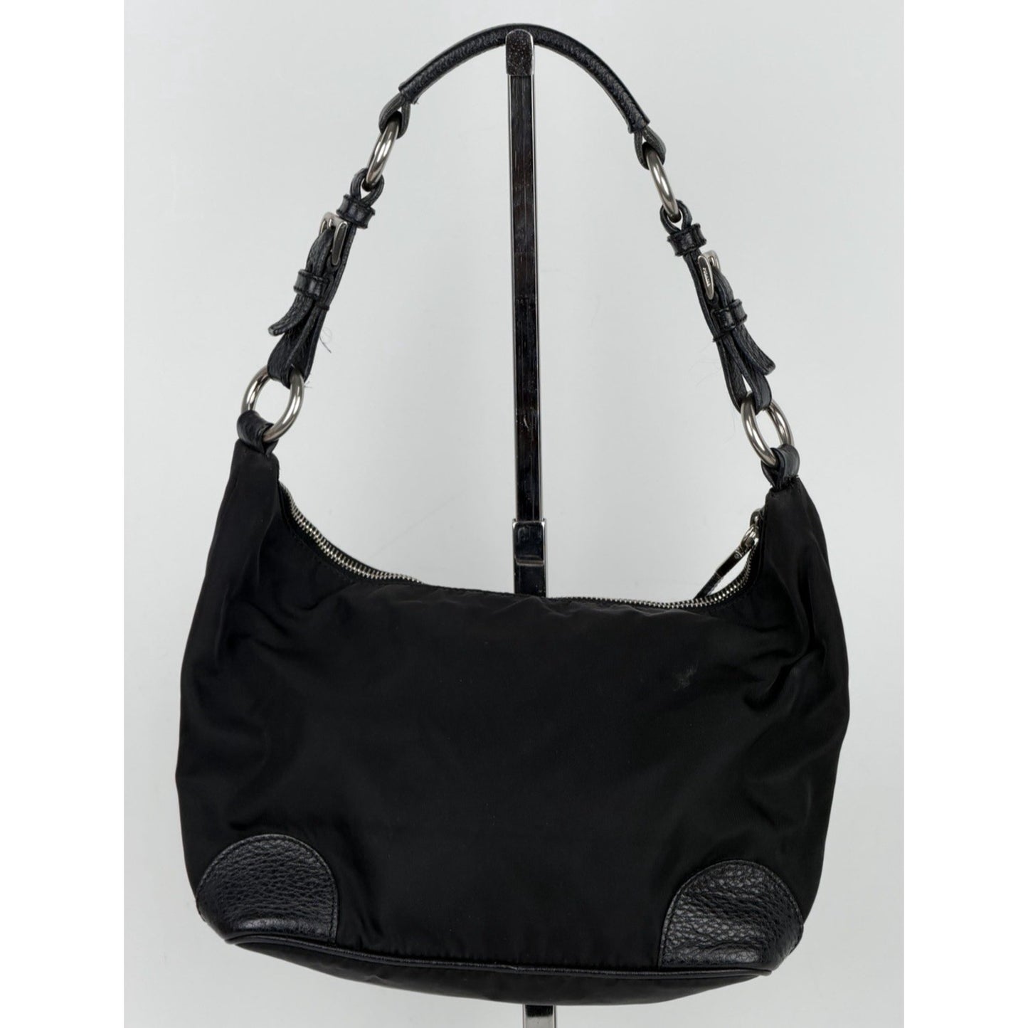 Prada Tessuto Nylon Shoulder Bag in Black Nylon with Leather Trim Vintage S08