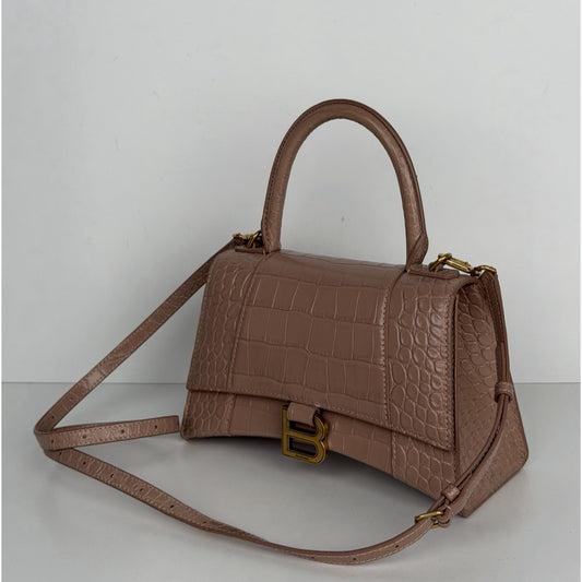 Balenciaga Hourglass Small Handbag in Beige Crocodile-Embossed Calfskin S10