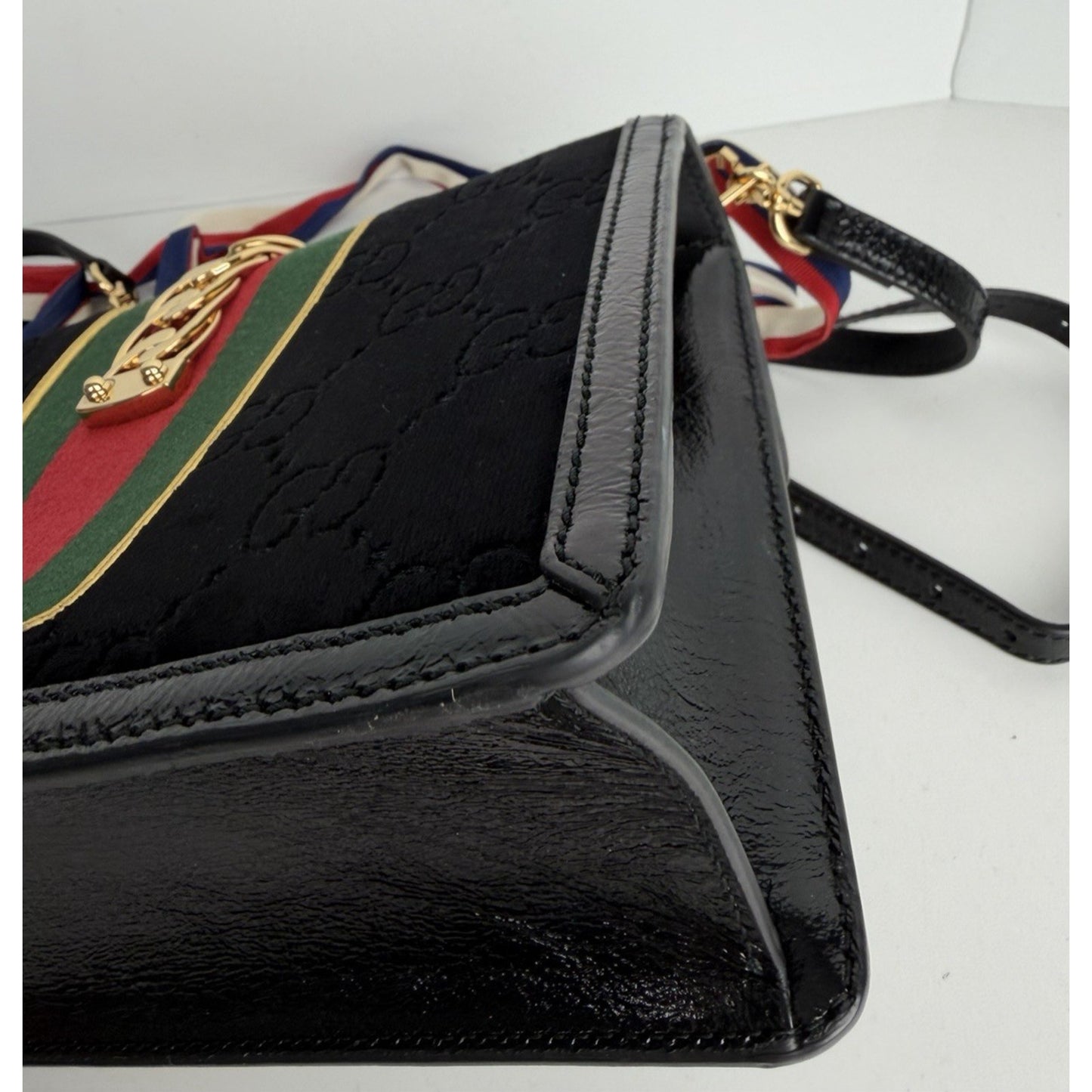 Gucci Sylvie Small Crossbody Bag in Black GG Velvet with Web S08