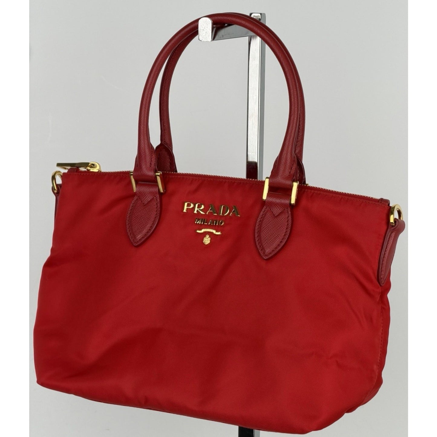 Prada Tessuto Nylon Medium Tote Bag in Red with Saffiano Leather Trim S11