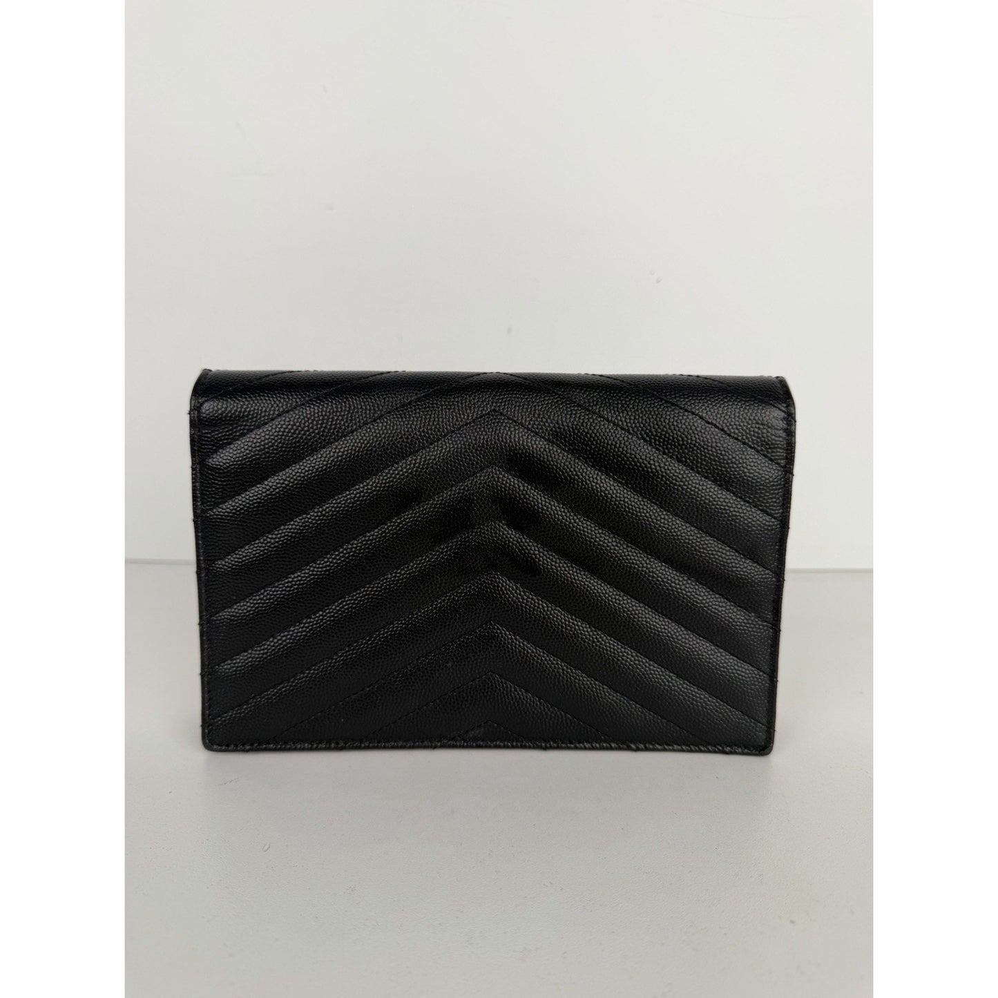 Saint Laurent Cassandre Chain Wallet Bag Small Black Grain de Poudre Leather S12