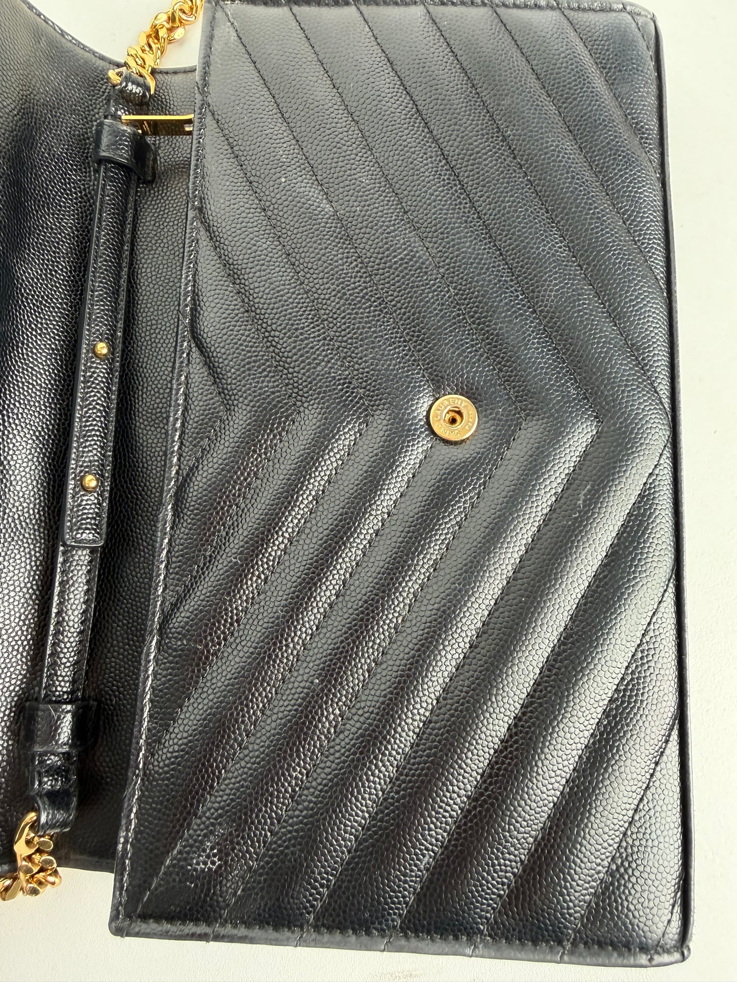 Saint Laurent Cassandre Wallet on Chain Bag in Black Grain De Poudre Leather YS-03