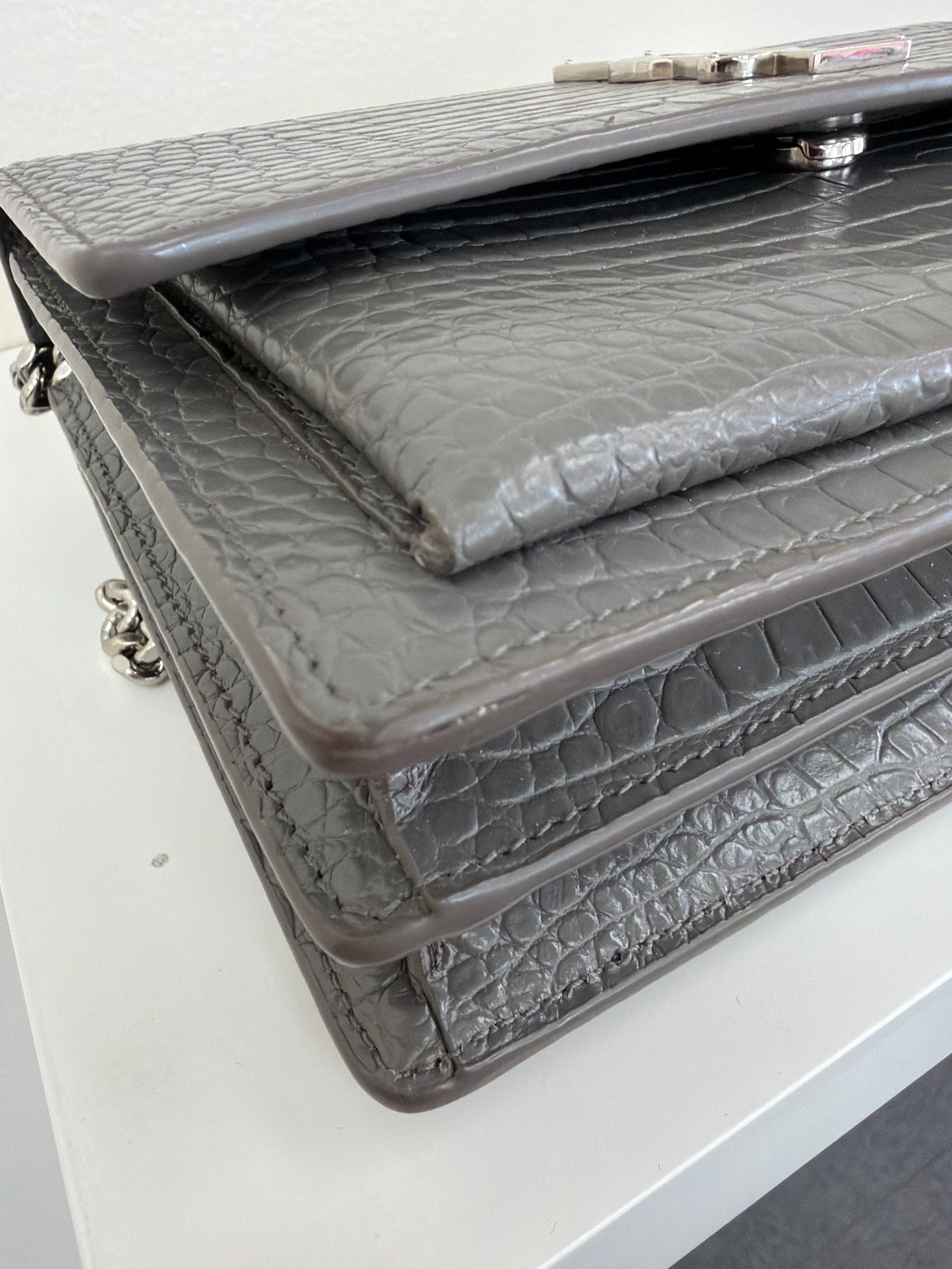Saint Laurent Sunset Crocodile Embossed Leather Grey Medium Shoulder Bag