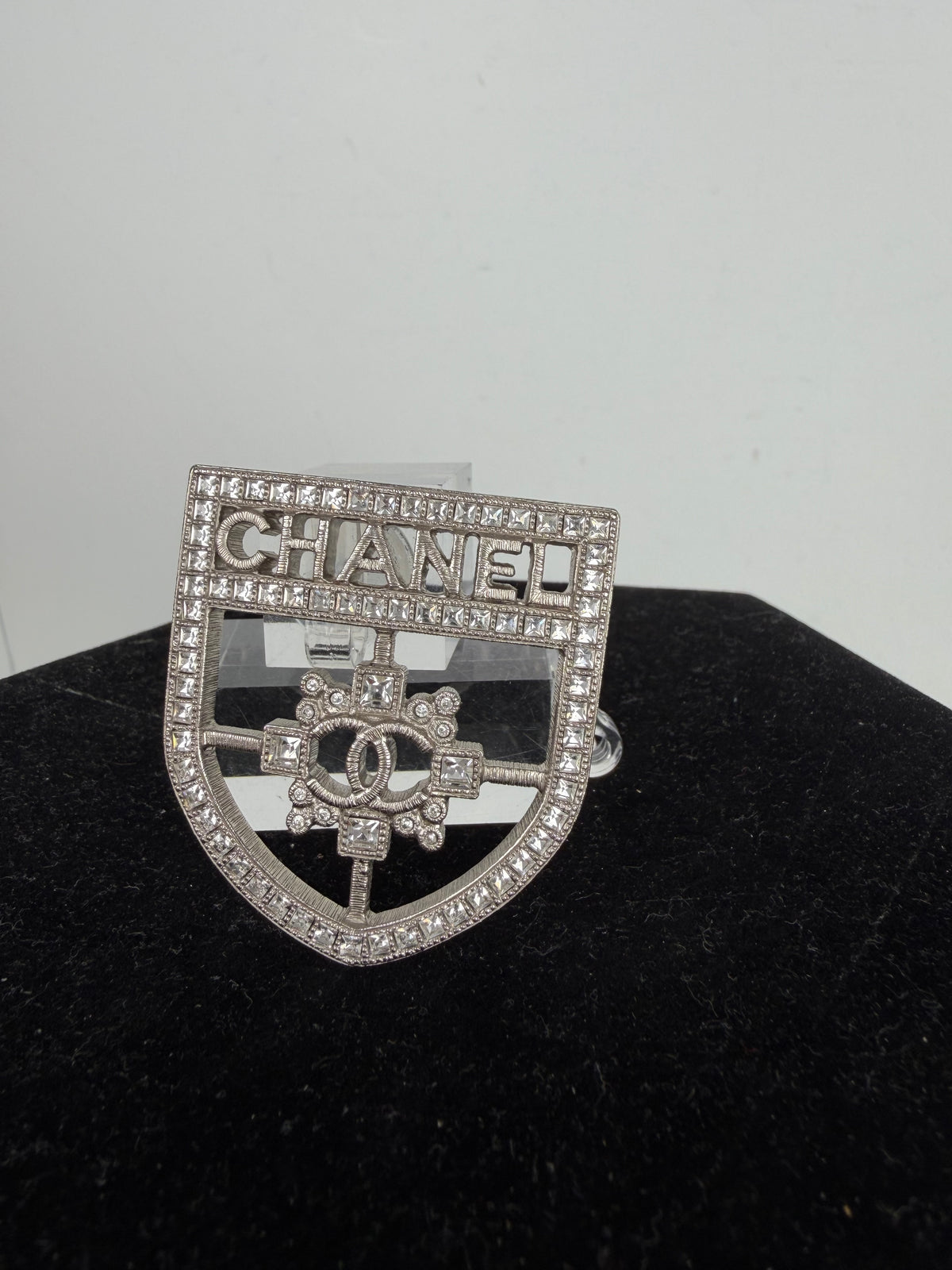 Chanel Swarovski Baguette Crystal CC Shield Brooch in Silver-Tone 2016 Collection K3