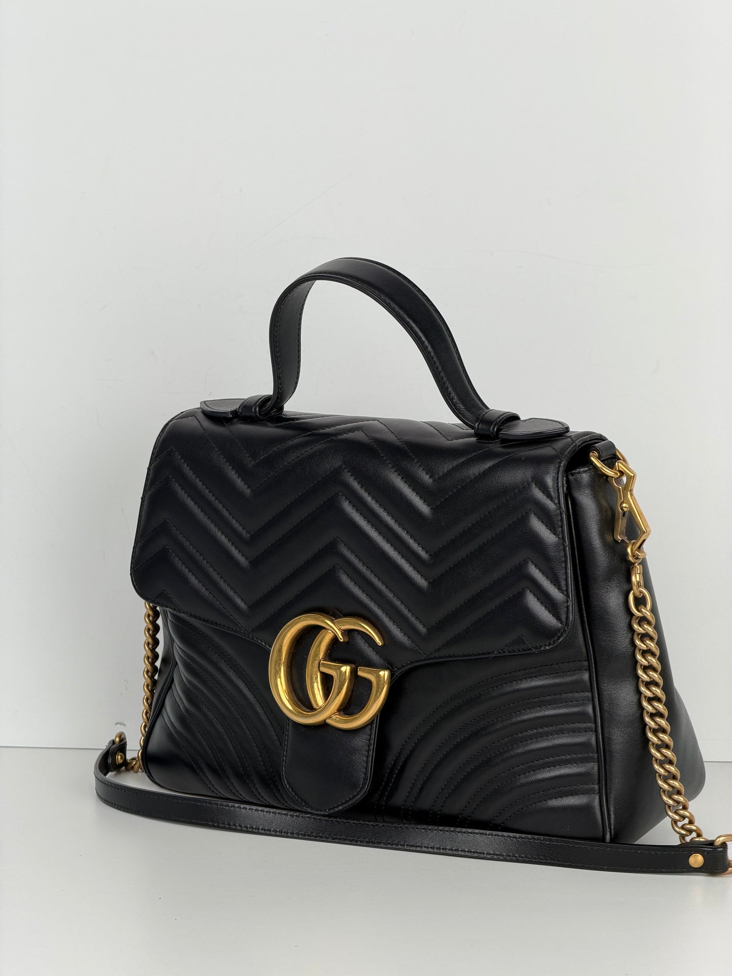 Gucci GG Marmont Medium Top Handle Shoulder Bag in Black Leather S