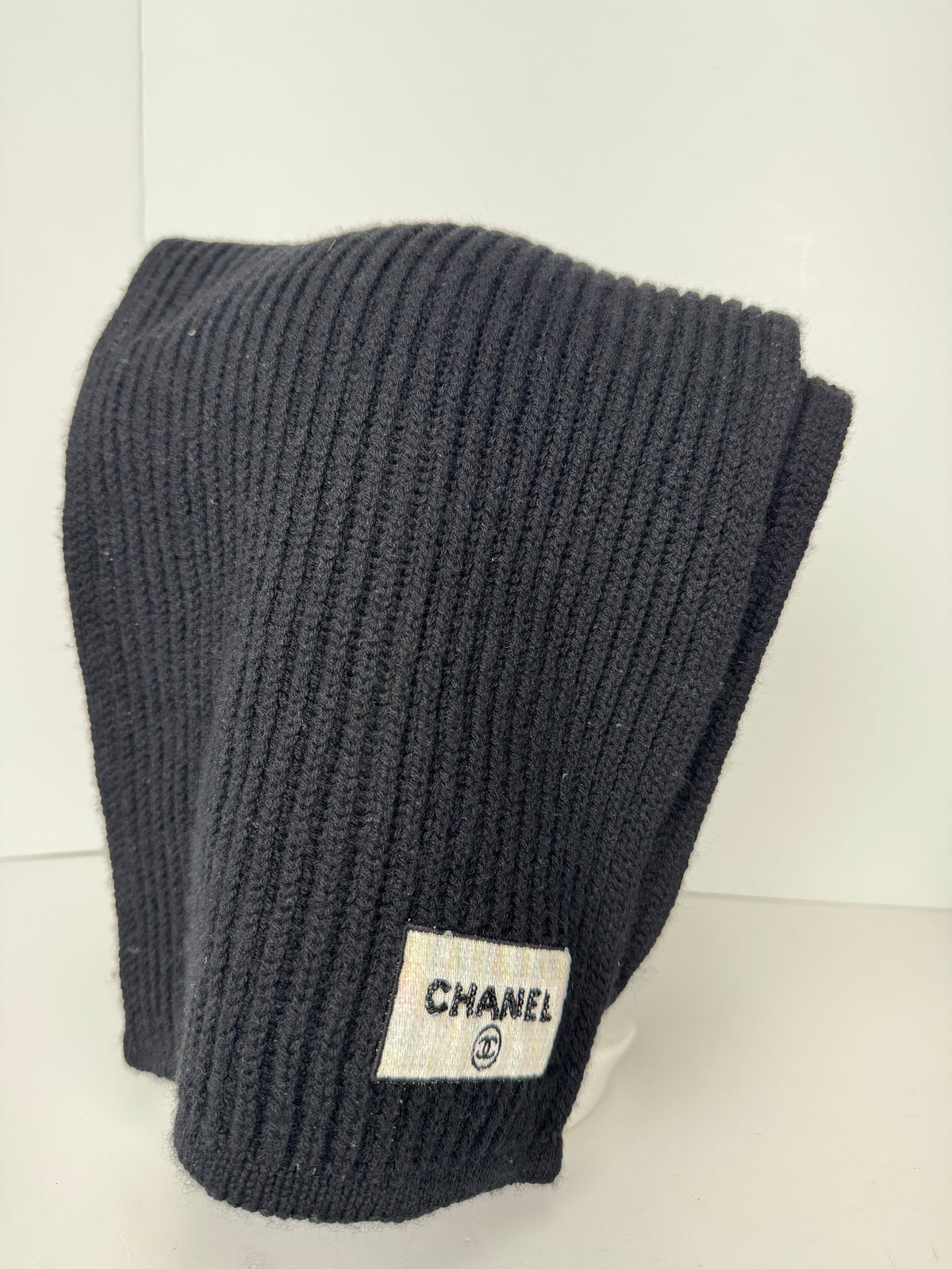 Chanel Knit Scarf in Black Cashmere with Sequin Logo Y