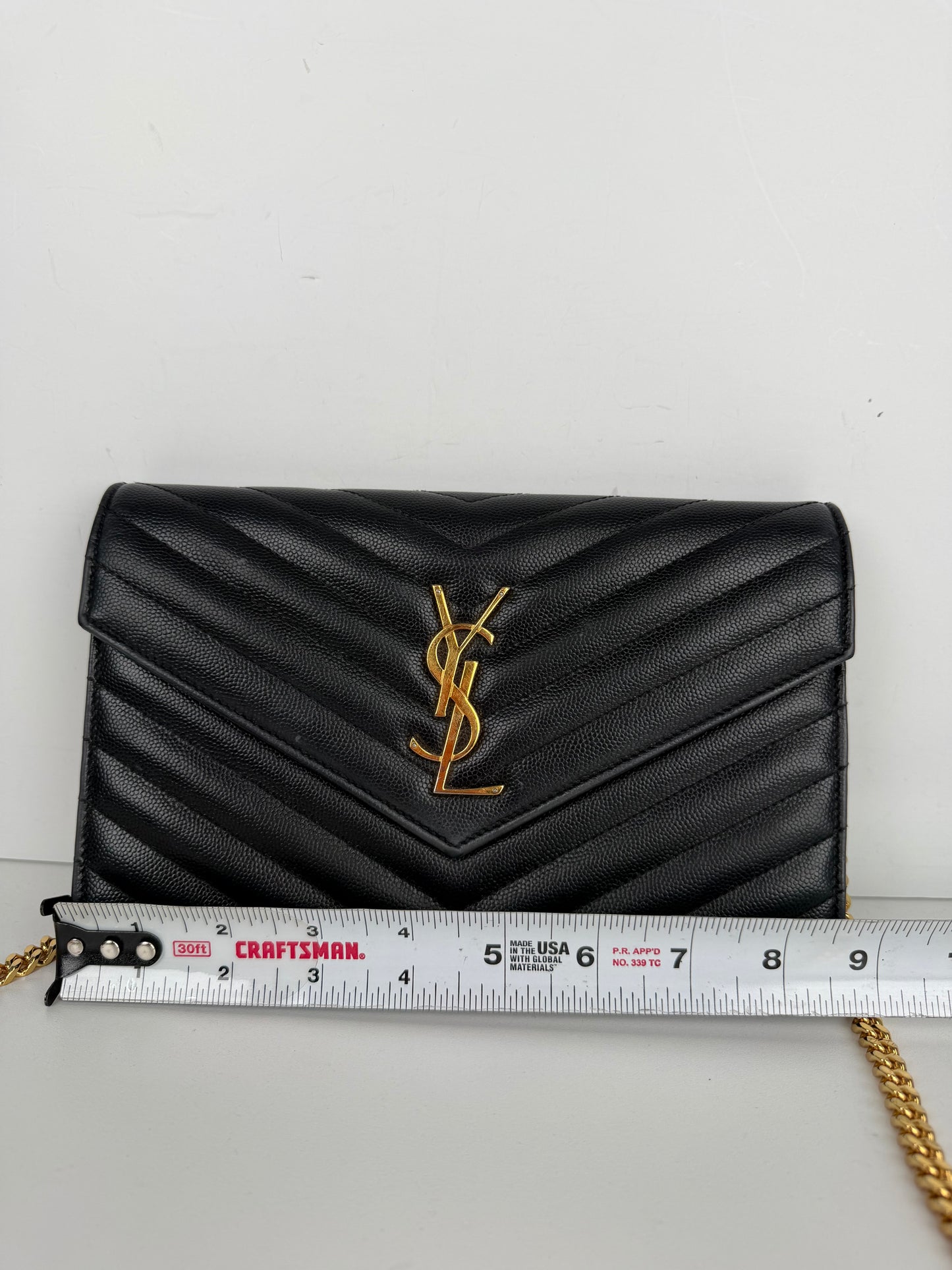 Saint Laurent Cassandre Wallet on Chain Bag in Black Grain De Poudre Leather YS-03