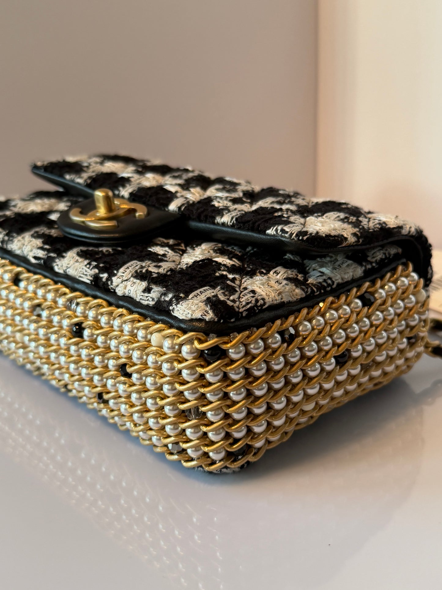 CHANEL Black/White Quilted Tweed River Of Pearls Mini Flap Bag