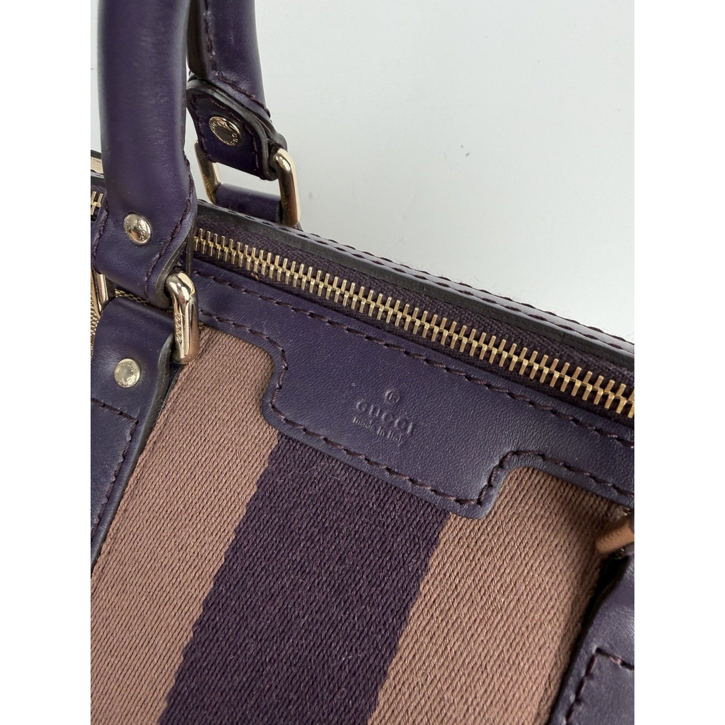Gucci Web Boston Medium Bag in Brown GG Monogram Canvas & Purple Trim S