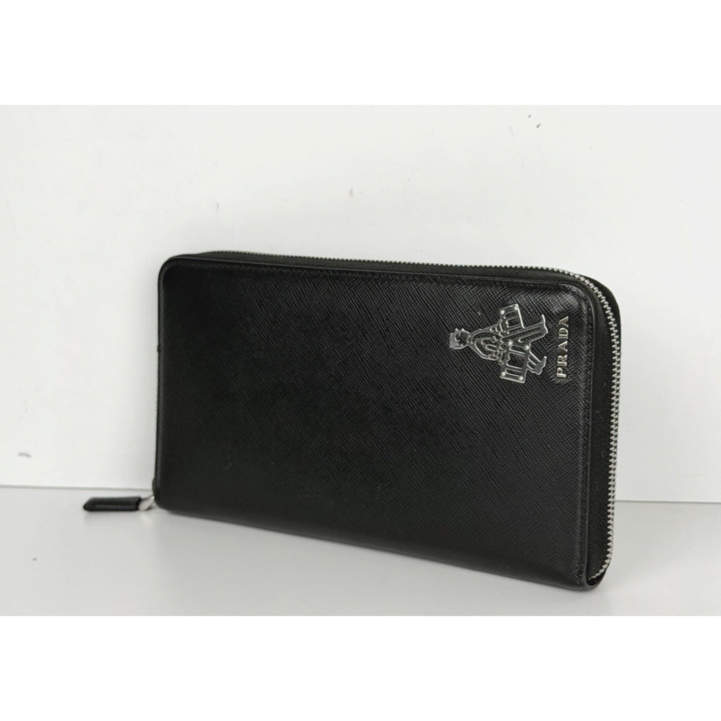Prada Long Wallet Zip-Around in Black Saffiano Leather Silver-Tone Hardware