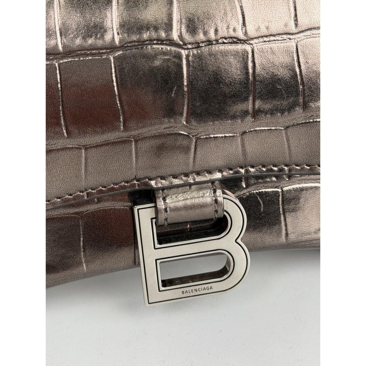 Balenciaga Hourglass XS Bag in Metallic Dark Gray Croc-Effect Leather S03