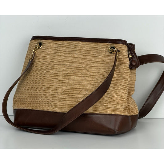 Chanel Raffia-Woven Tote Bag 1994 Vintage Beige Straw & Lambskin Leather Trim E5