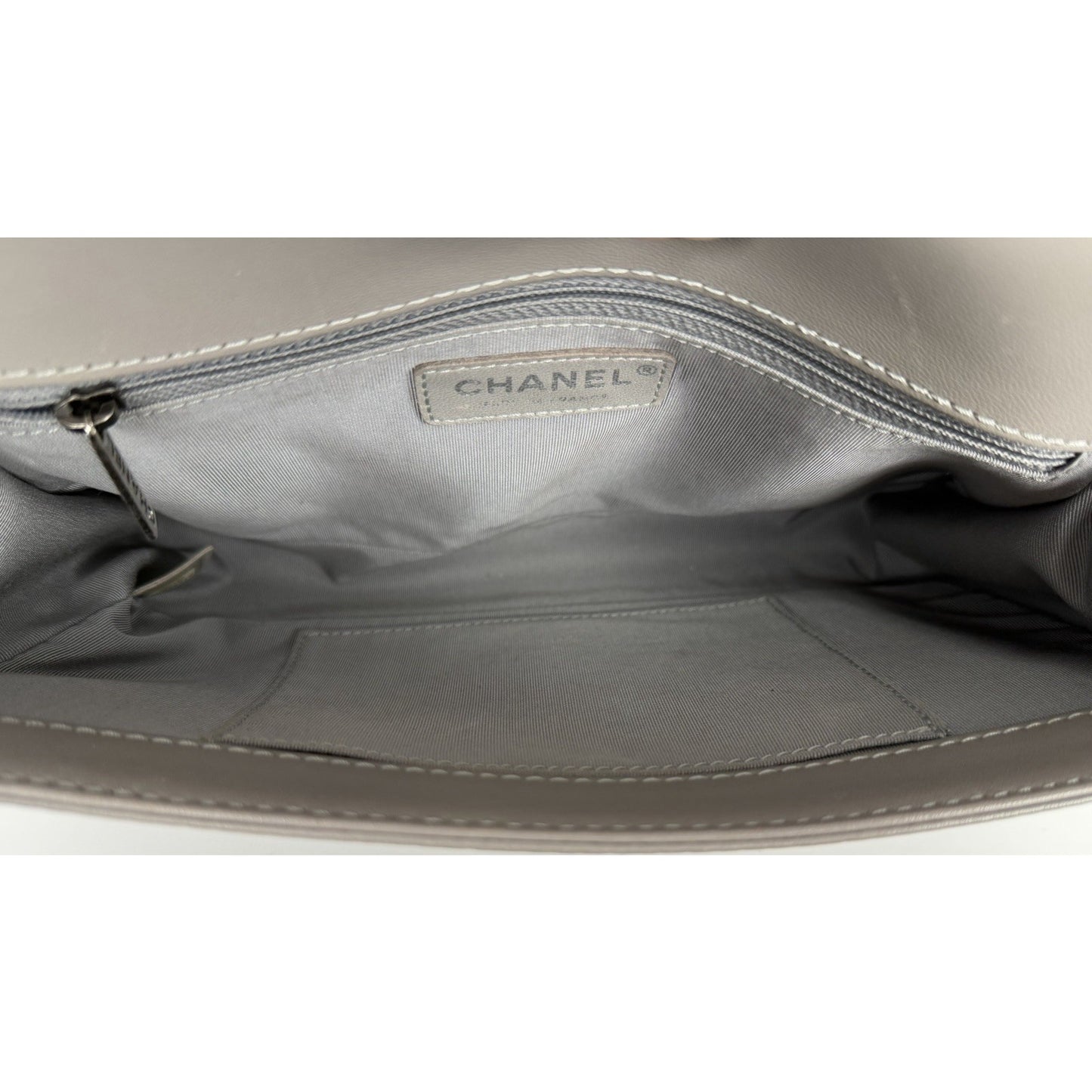 Chanel Boy Bag with Geometric Quilted Pattern in Gray Leather