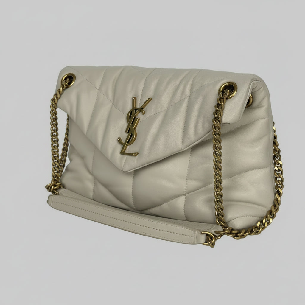 Saint Laurent Loulou Puffer Small Shoulder Bag Quilted White Chevron Leather