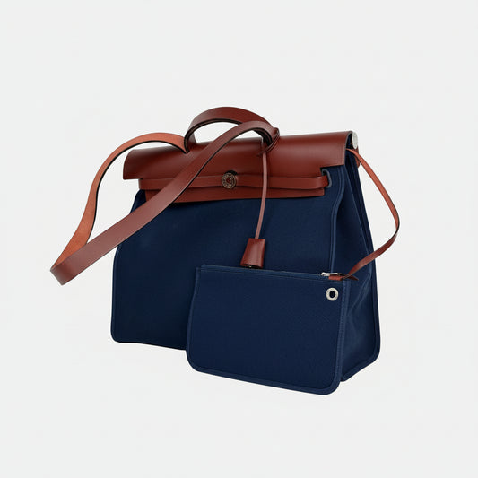 Hermes Herbag Zip 39 MM Toile Vache Hunter Navy Canvas and Leather Trim 2015 D6