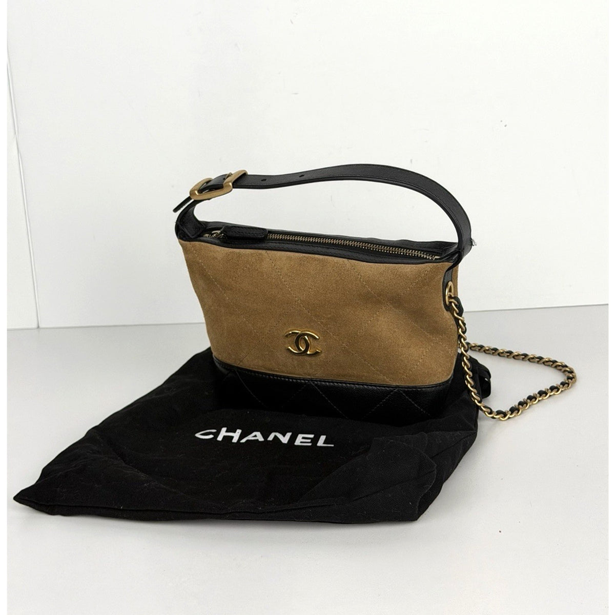 Chanel Coco Base Quilted Mini Hobo Clutch Bag with Chain in Brown Suede NFC E-3