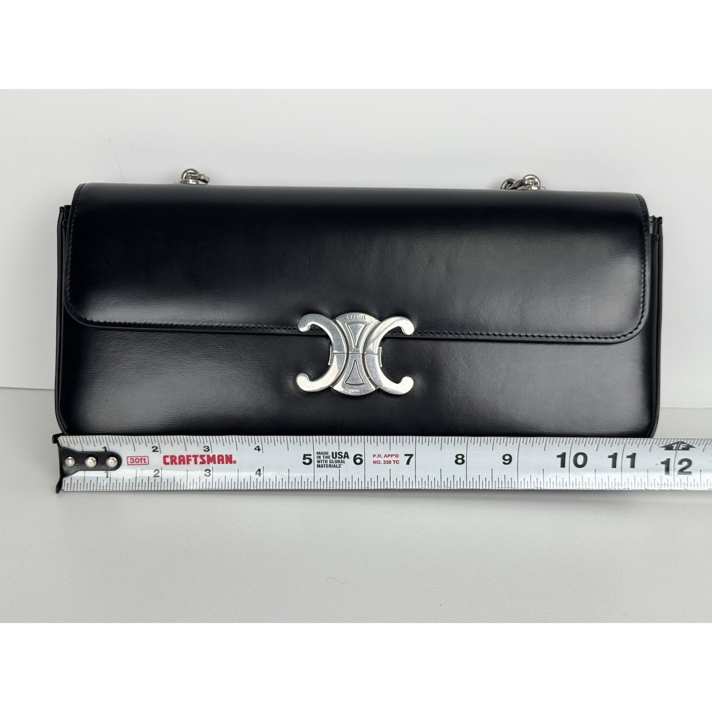 Celine Claude Chain Shoulder Bag Black Leather Triomphe Closure C-8