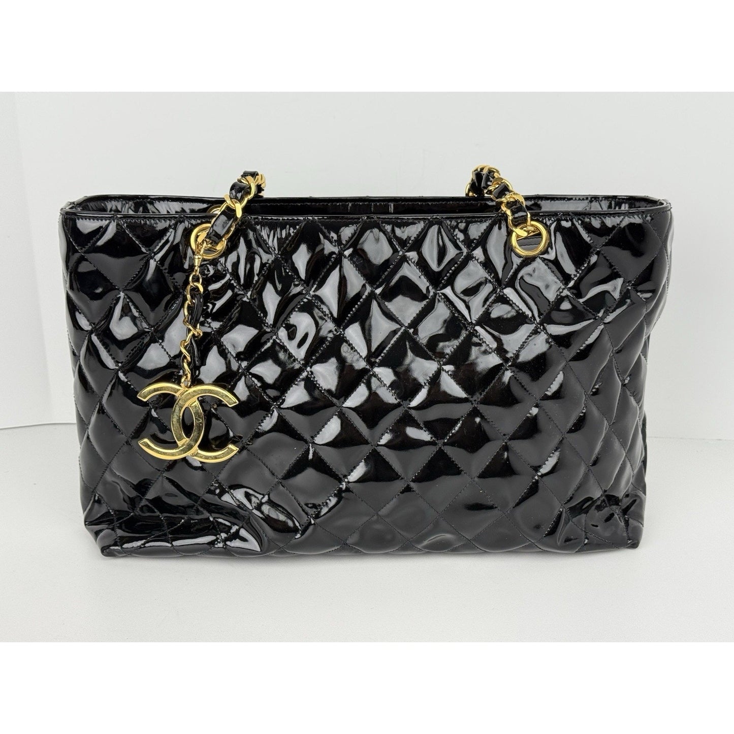 CHANEL Vintage CC Charm Quilted Patent Leather Tote Bag