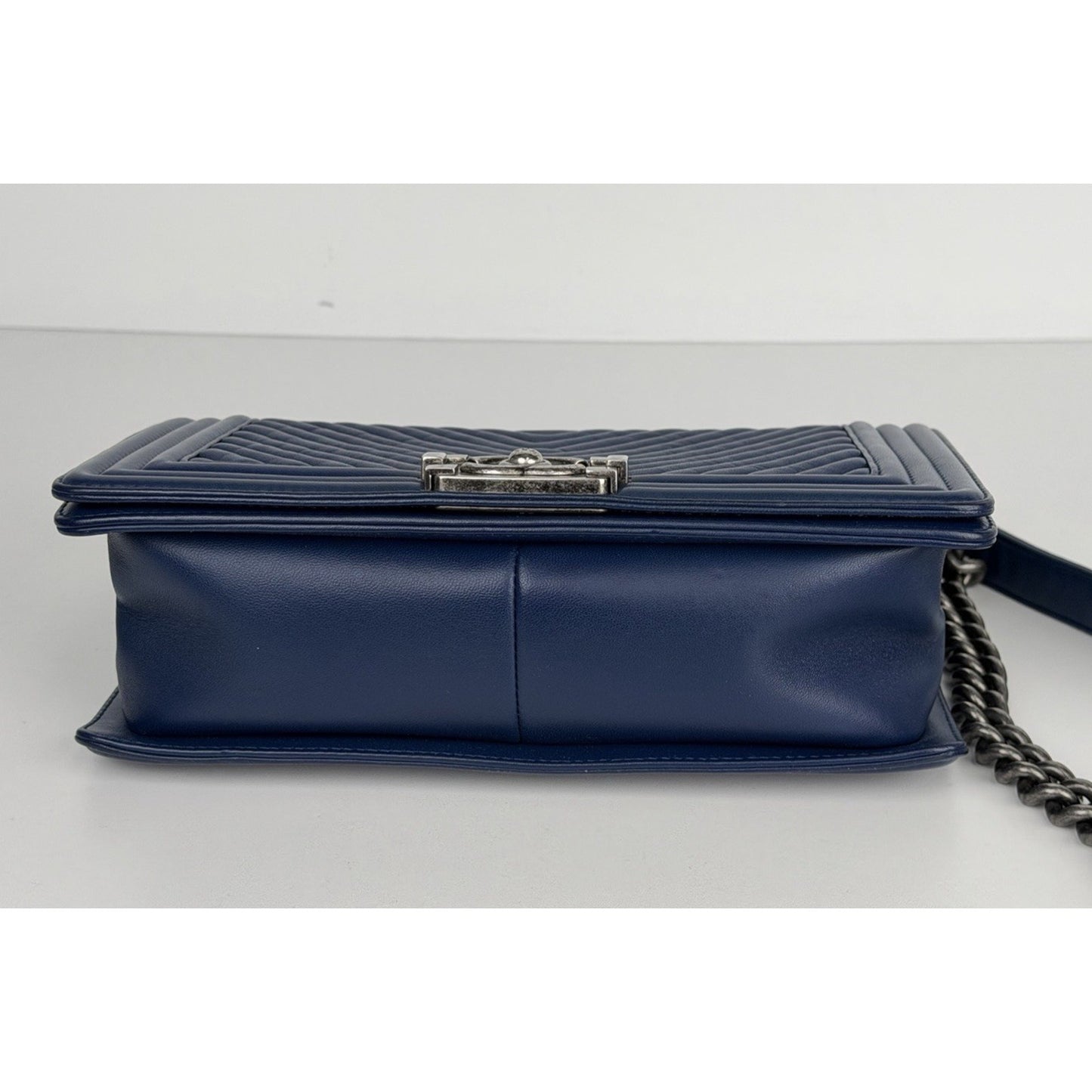 CHANEL Boy Flap Medium Shoulder Bag Lambskin Chevron Navy Blue 2014-2015 B4
