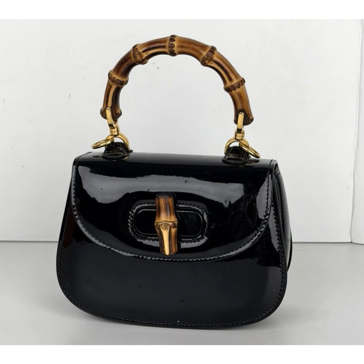 Gucci Bamboo 1947 Mini Top Handle Bag in Black Patent Leather S-19