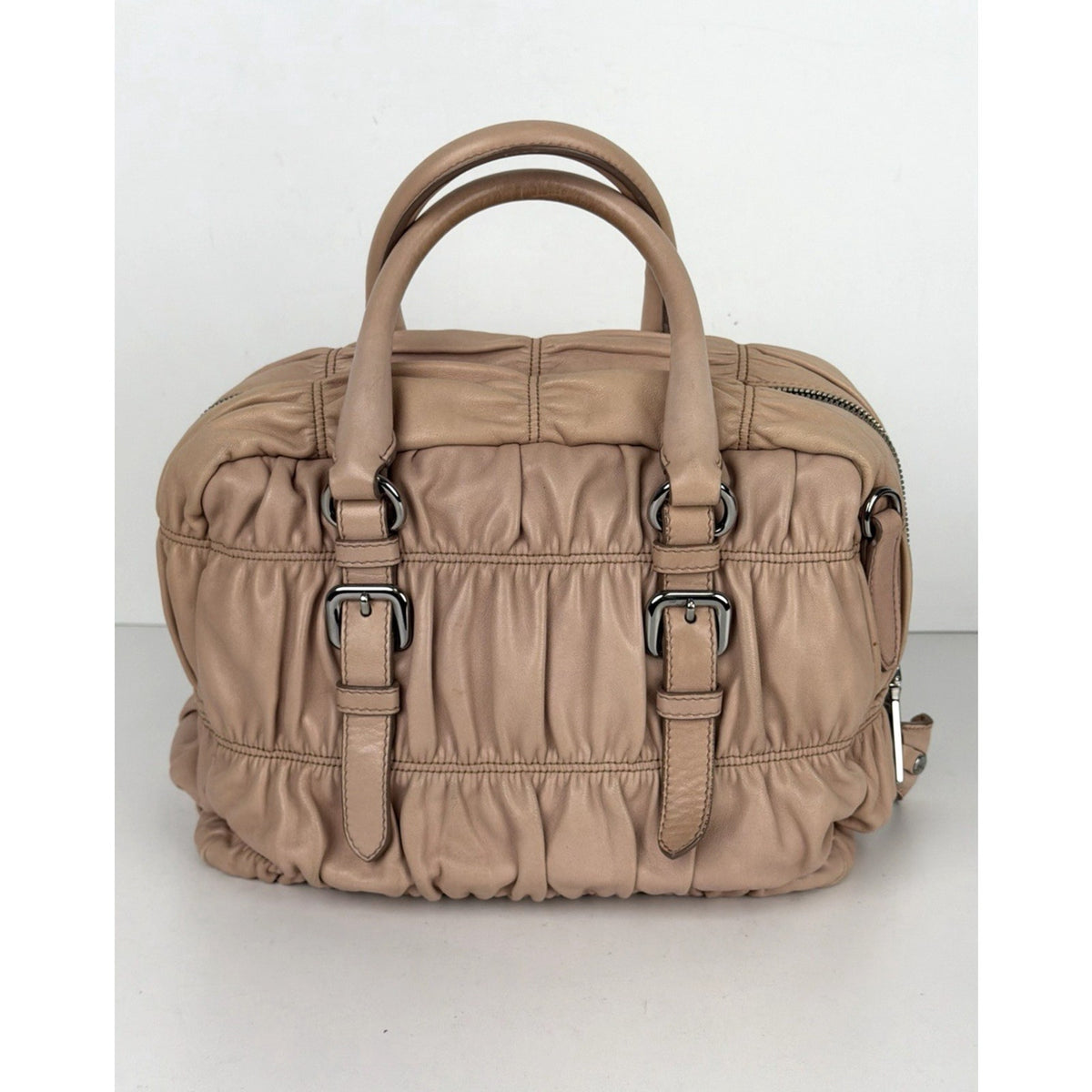 Prada Nappa Gaufre Satchel Shoulder Bag in Beige Leather Silver-Tone Hardware S7