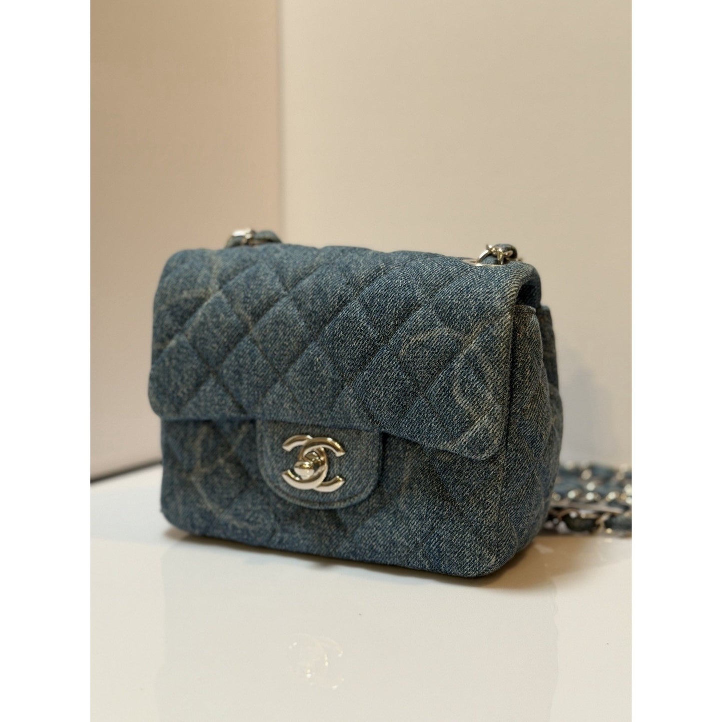 Chanel Square Classic Single Flap Bag Quilted CC Printed Denim Mini
