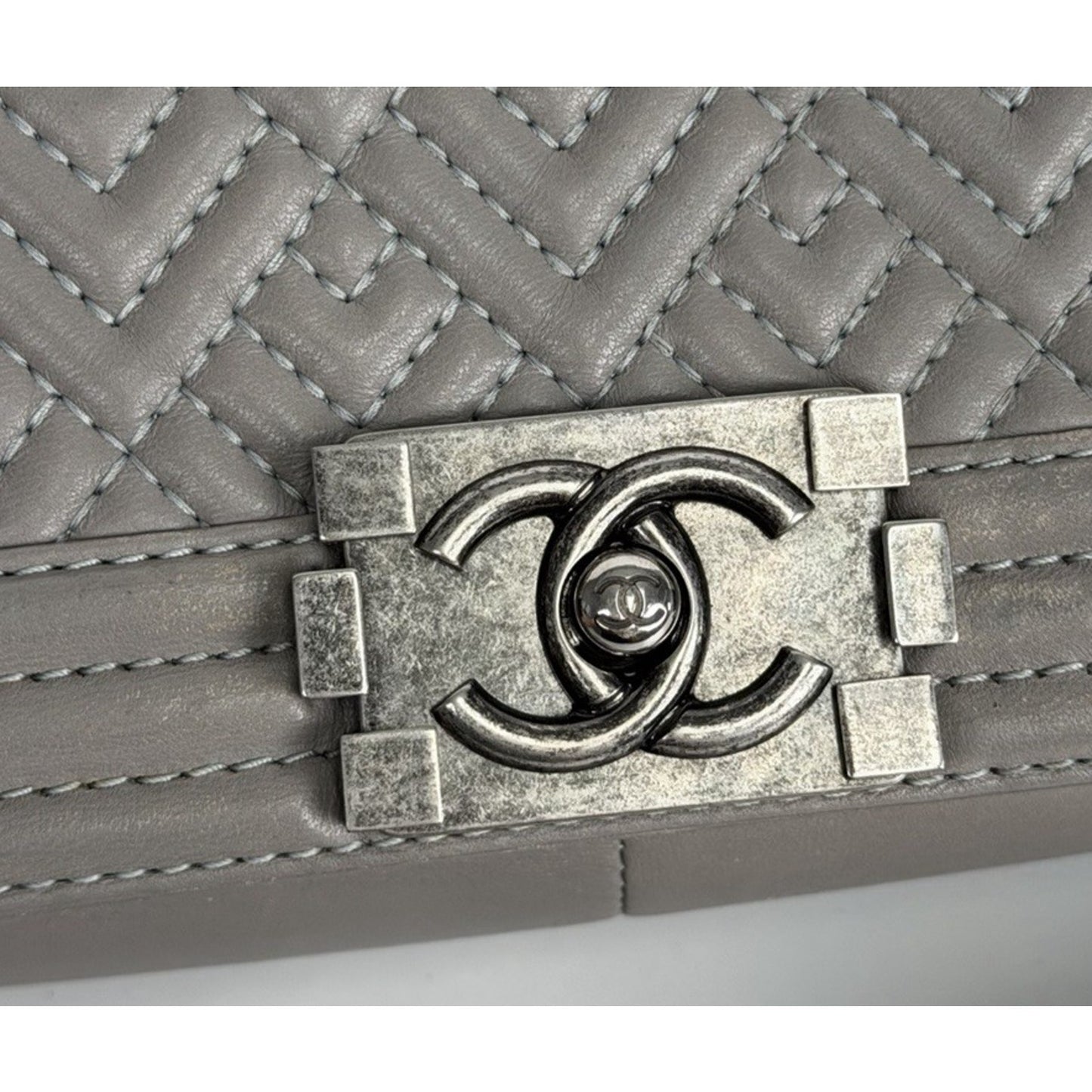 Chanel Boy Bag with Geometric Quilted Pattern in Gray Leather
