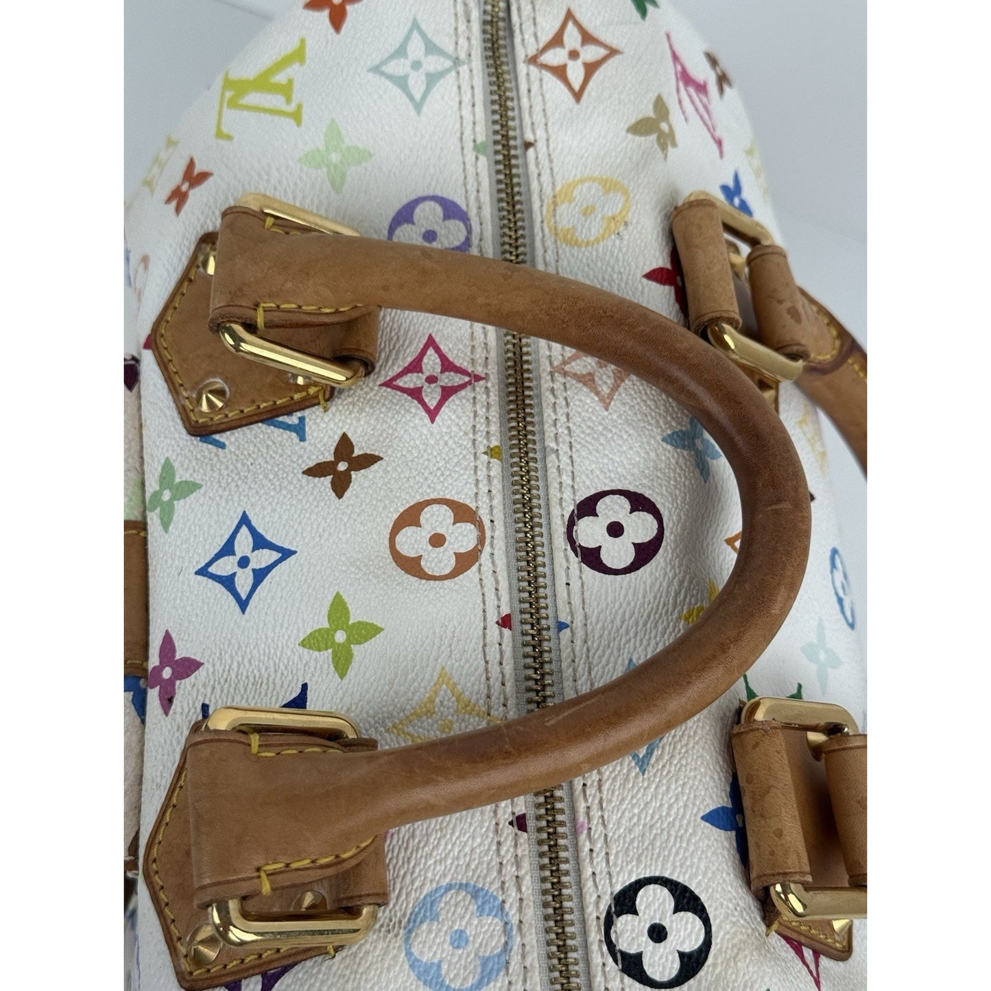 LOUIS VUITTON Speedy 30 Handbag White & Multicolor Monogram Canvas