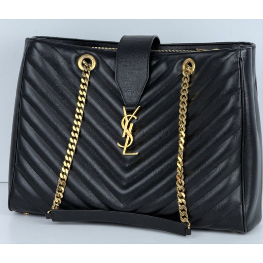 Saint Laurent Monogram Large Shopping Bag in Black Grain de Poudre Leather D9