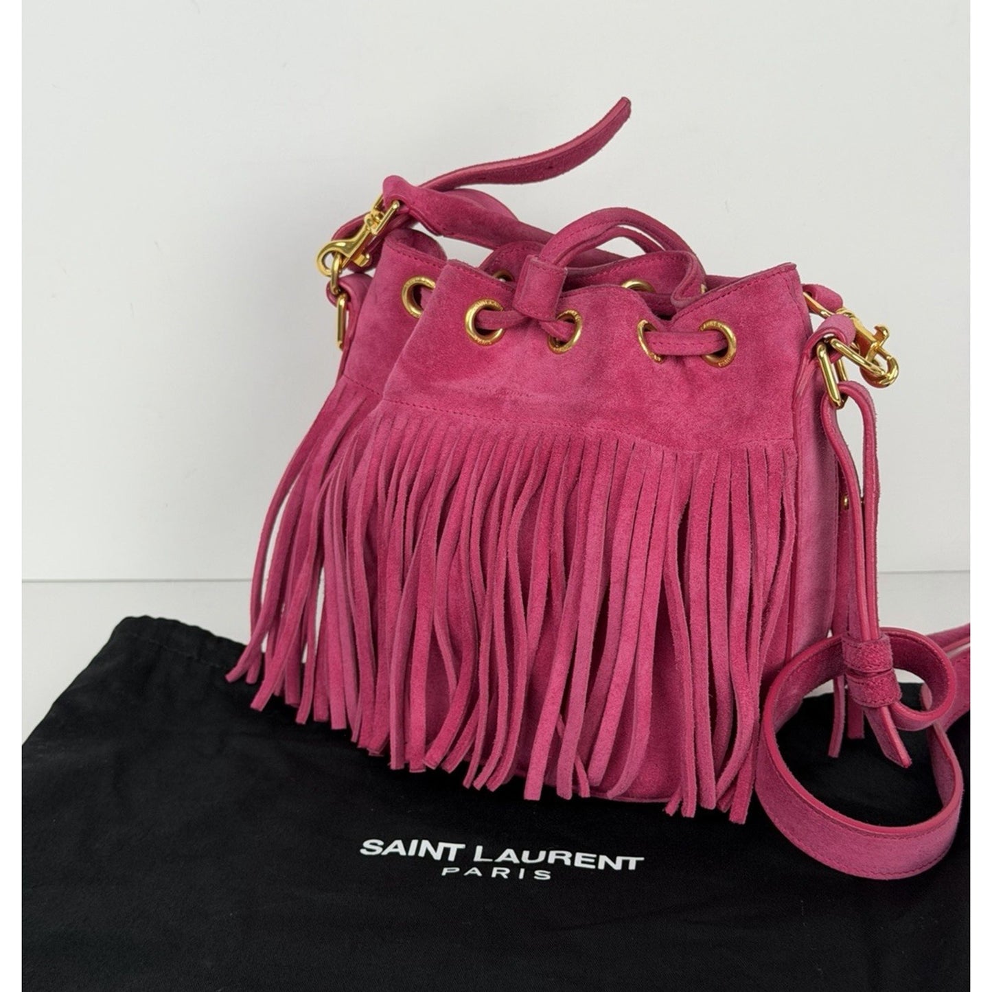 Saint Laurent Emmanuelle Fringe Bucket Bag in Pink Suede F2